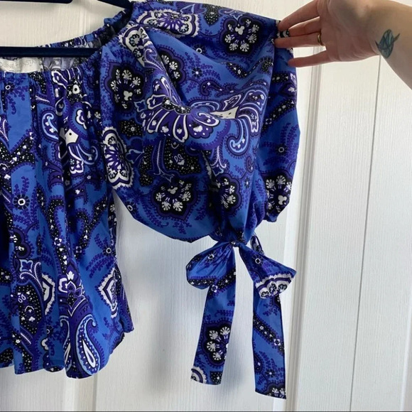 NWT Caroline Constas Nella Paisley Floral Off the Shoulder Puff Sleeve Top Blue - Picture 5 of 10